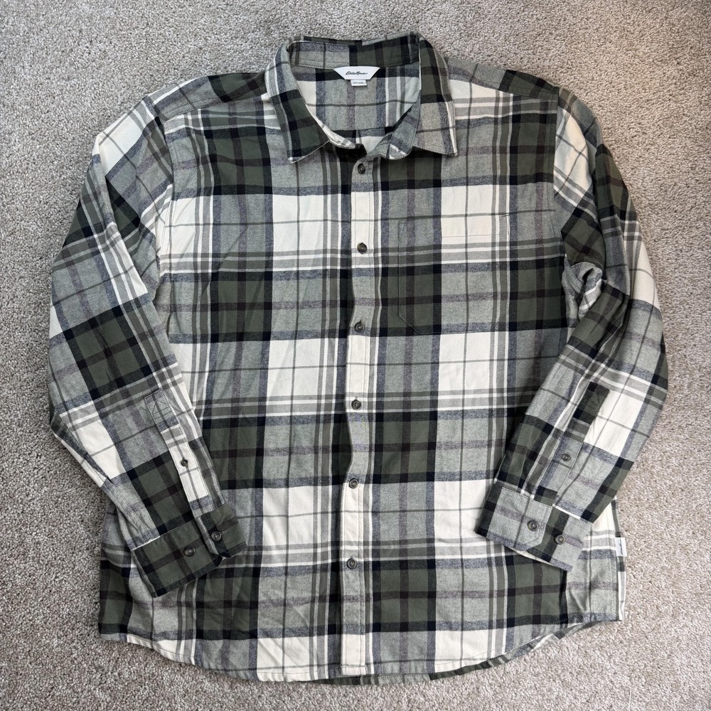 Eddie Bauer Shirt Mens 2XL Green Plaid Flannel Long Sleeve Button Up Casual